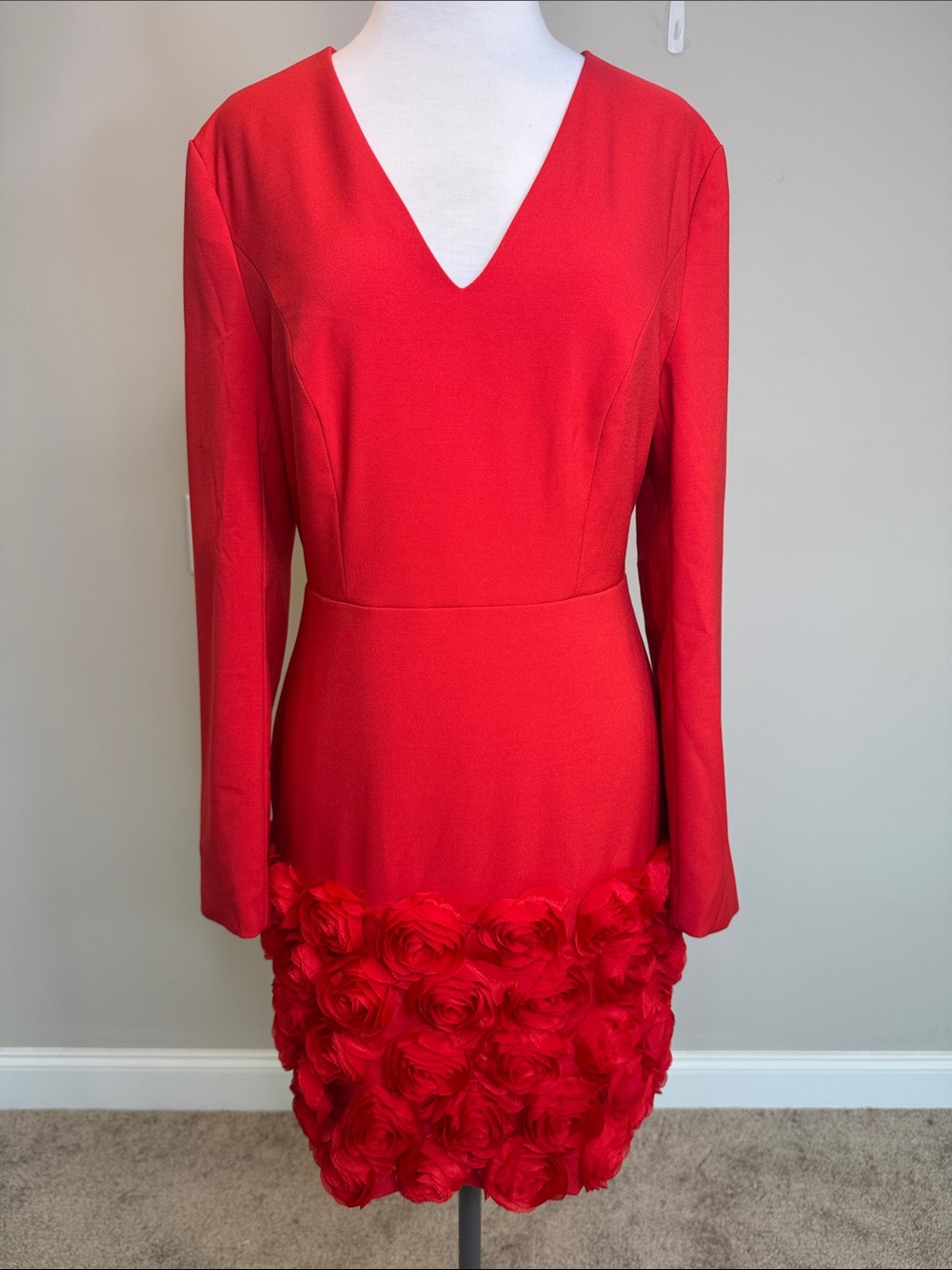 Red V-Neck Long Sleeve Dress with Rosette Hem Formal Evening Cocktail Size 6
